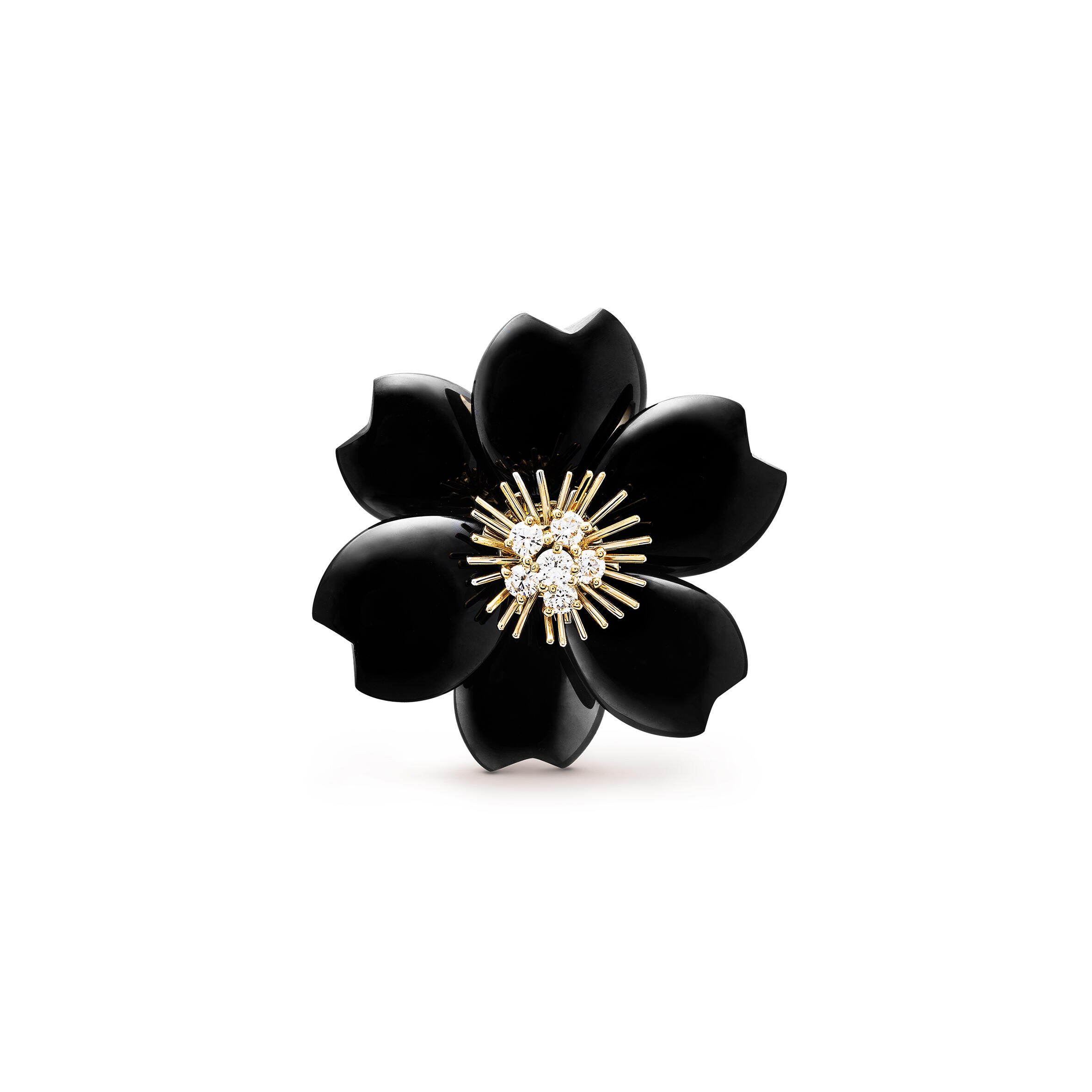 v*n cl**f arpels rose de noËl clip, medium model - yellow gold, D1am0nd, onyx vcaro9b300
